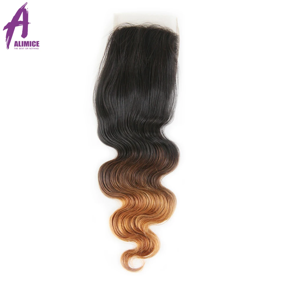 Alimice перуанский объемная синтетические волосы волнистые человеческие волосы Кружева Закрытие эффектом деграде(переход от темного к Цвет T1B/4/30 /средний/3/боковая часть T1B/4/27 Застежка 8-24 дюймов