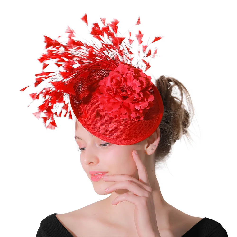 Красная имитация Sinamay чародей головные уборы женские Свадебные Имитация события случай шляпа для Кентукки Дерби церкви Свадебная вечеринка гонки