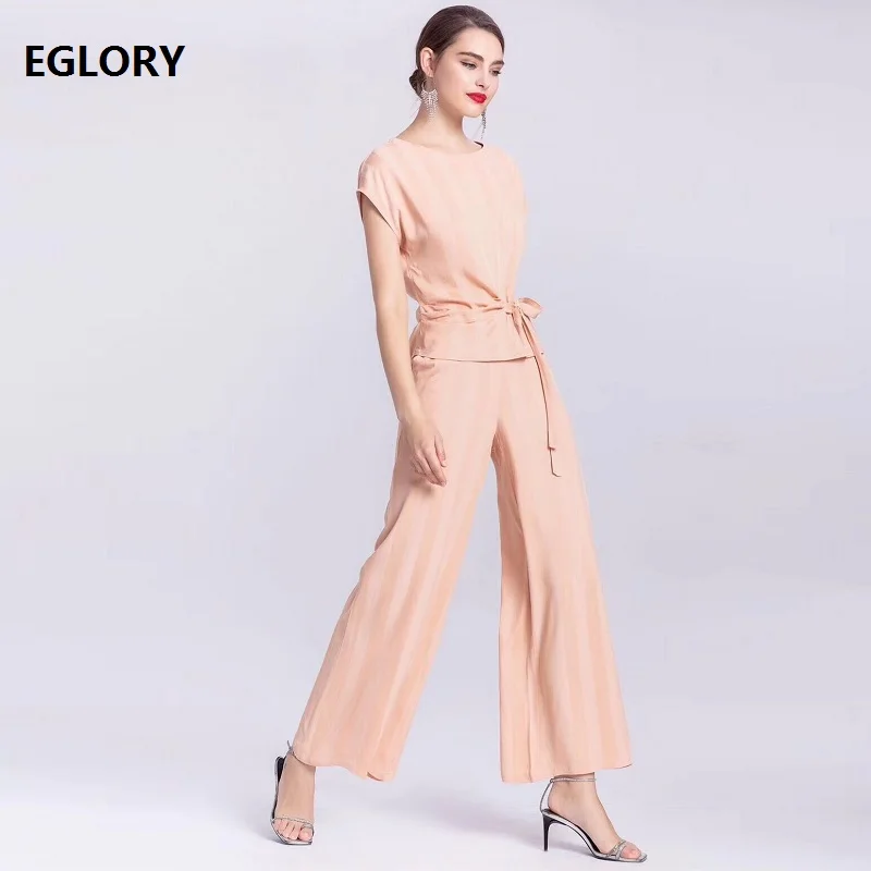 Женский Дизайнерский Костюм из топа и брюк блузка в полоску с поясом брюки