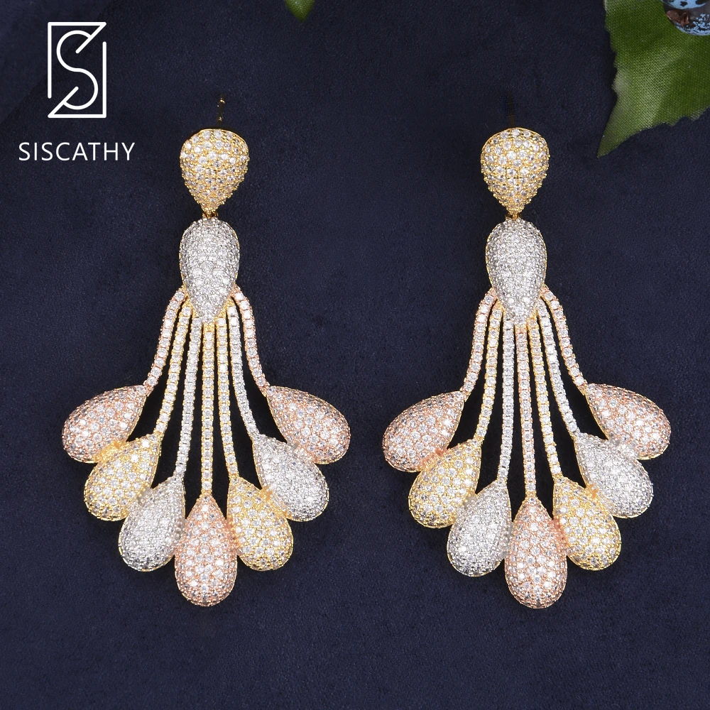 

SISCATHY Luxury Three Tones AAA Cubic Zirconia Dangle Drop Earrings Wedding Engagement Jewelry Drop Shape For Women Girls