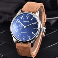 44mm Parnis Blue Dial Luminous Marks Silver Hands Leather strap 6497 Hands Winding Men's Watch hands