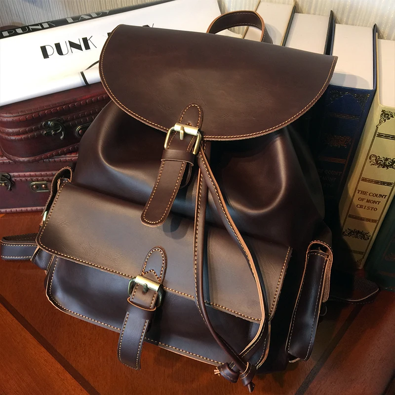 ETONWEAG Brands Cow Leather Backpacks For Teenage Girls Brown Vintage Drawstring Bag Travel Bags For Women