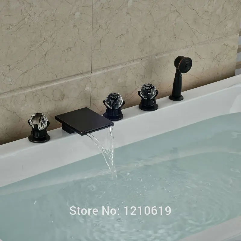 

Newly Deck-mounted Shower Tub Faucet Set w/ Hand Shower Oil Rubbed Bronze Bathtub Mixer Faucet Crystal Handles