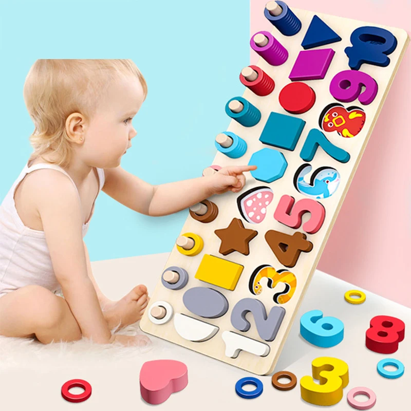 

3 In 1 Digital Blocks Board Wooden Moon Dog Digital Shape for 2-3 Baby Toy Digital Blocks Learning Resources Wood Blocks