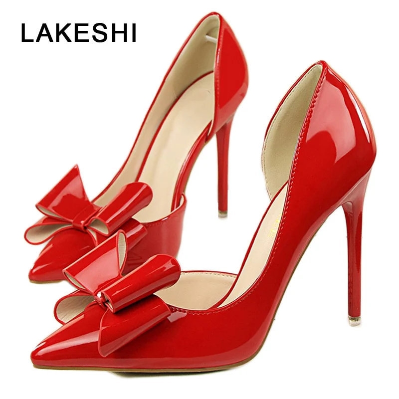 

LAKESHI Women Pumps Patent Leather Women Shoes High Heels Butterfly-knot Ladies Shoes Pumps Female