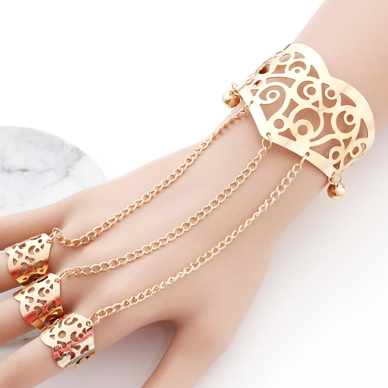 

Fashion Openwork Flower Bell Bracelet for women Gold Silver Multilayer Chain Openwork Finger Bracelet Set Jewelry Gift