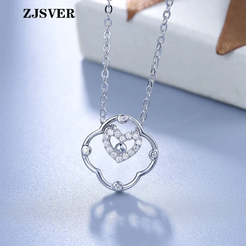 

ZJSVER Fine Jewelry 925 Sterling Silver Necklace Geometric Hollow With Crystal Heart Pendant Simple Silver Chain Women Necklace