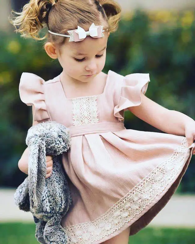 

Ins Summer New Girl Dress Pink Lace Flare Sleeve Cotton Princess Mini Dress Children Clothing 1-6Y EG003
