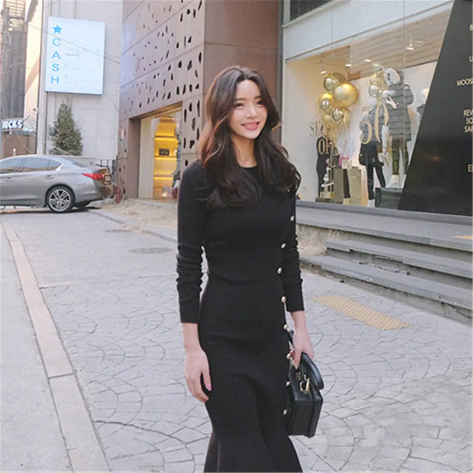 Модные корейские зимние черные однотонные трикотажное облегающее платье женские осенние пикантные тонкие оборки вечерние платья русалки женские платья