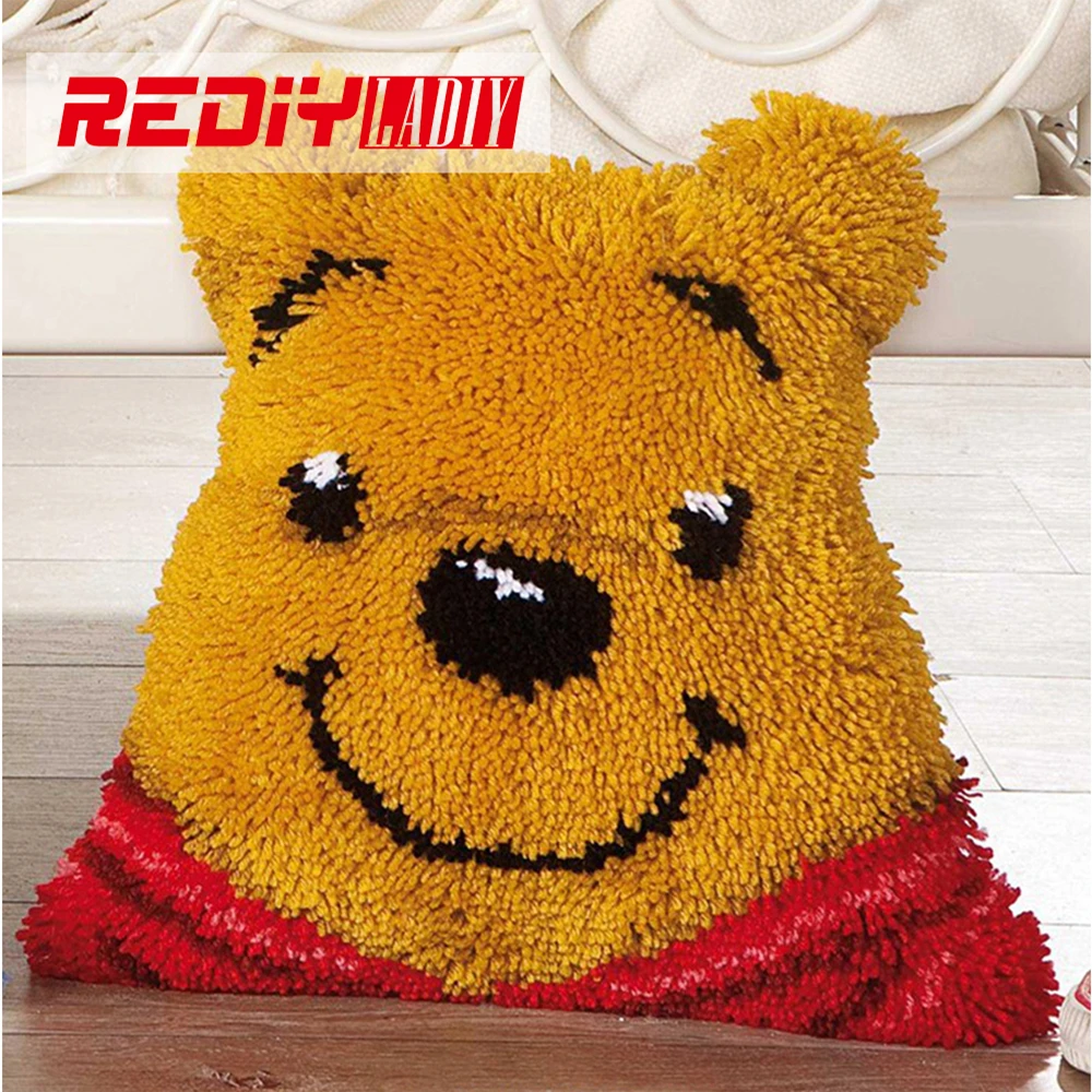 

REDIY Latch Hook Cushion Kits for Embroidery Pre-printed Color Canvas Cute Yellow Bear Face Pillow Sofa Home Decorative URP004