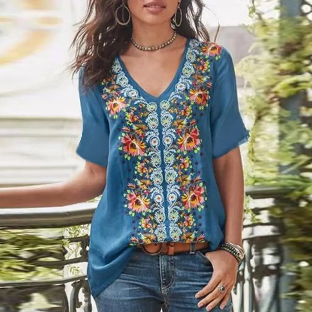 

2019 Women Clothes Fashion Splice Retro Boho Printed Casual Loose Shirt V Neck Shirt Femme Tops Oversized blouse ED