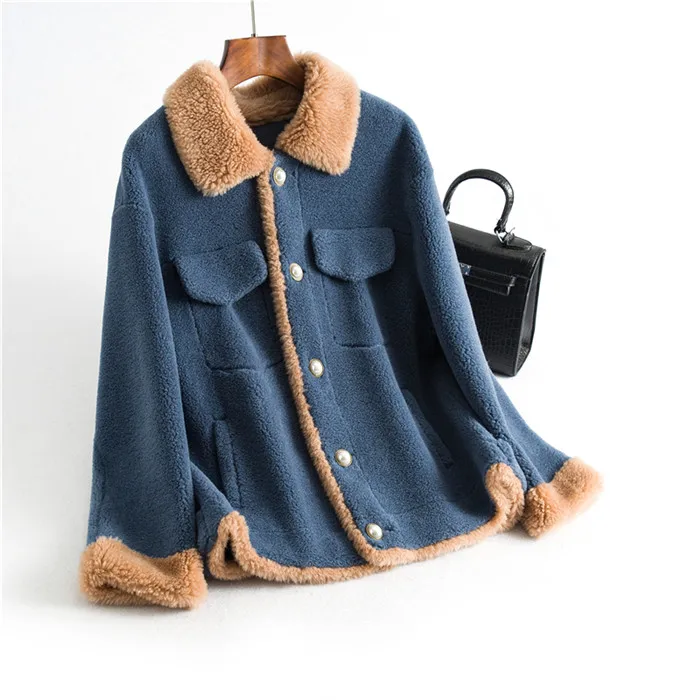 Pudi/зимняя женская шуба из 30% натуральной шерсти, теплая куртка с пуговицами, овечья шерсть, меховые пальто для девочек, Женская длинная куртка, пальто OMS902 - Цвет: blue camel collar