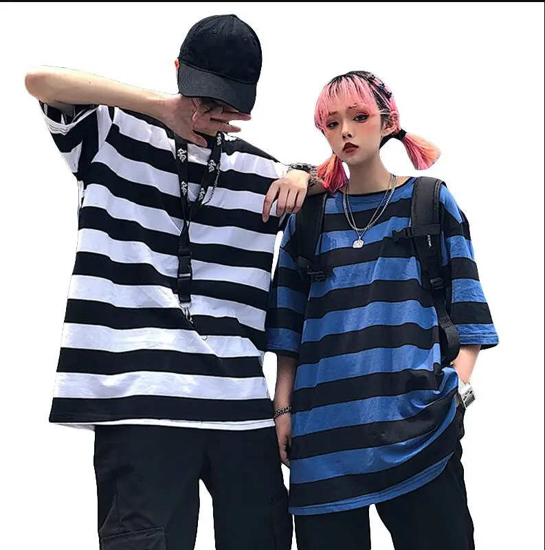 Harajuku ретро свободная полосатая футболка с круглым вырезом и коротким рукавом