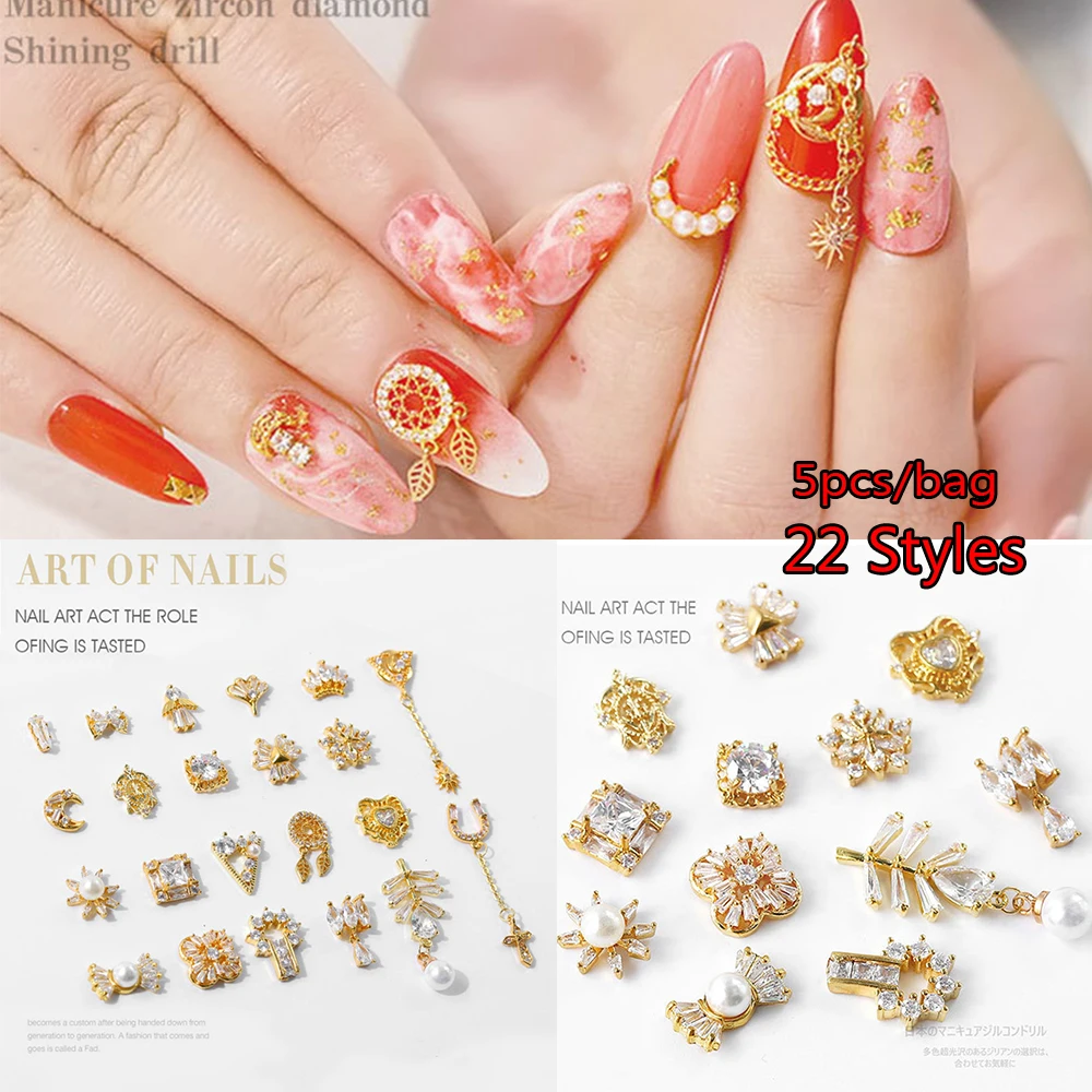 

5PC/Pack Japanese 3D metal gold Zircon Nail Tips For UV Gel nails decorations crystal Diamond Charms jewelry Manicure Decors DIY