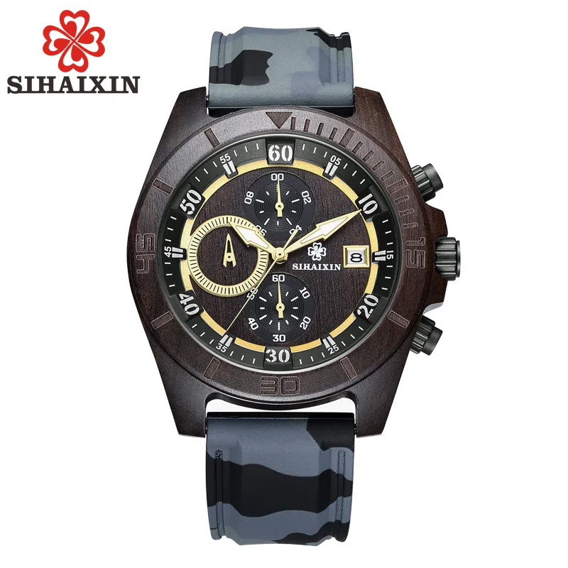 

SIHAIXIN Silicone Waterproof Watch Men Wood erkek kol saati Men's Business Date Quartz Wrist Male Clock in Wood Gift Box #A