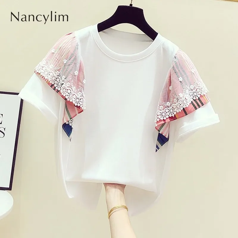 Goede 2019 Zomer Nieuwe Koreaanse Mozaïek Lace Contrast Strepen Crew Neck Korte Mouw T shirt vrouwen Casual Jasje Pull Shirt Student T