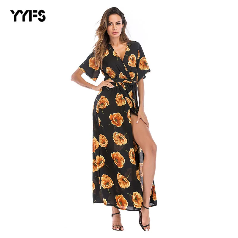 

New Women's Spring And SummerDress With Deep V-neck And Multi-color Short-sleeved Chiffon Beach Womens Clothing