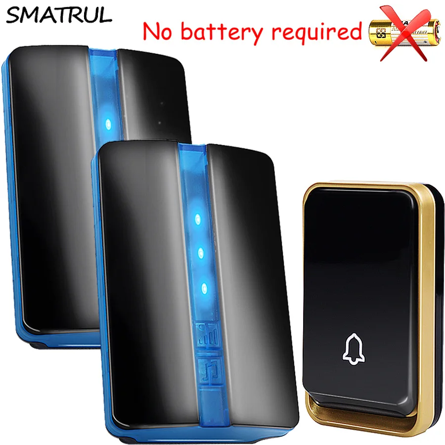 

SMATRUL self powered Waterproof Wireless DoorBell no battery EU US plug home Door Bell 1 2 button 2 Receiver 110 220V LED light