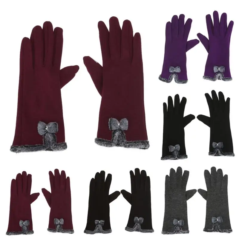 Новые женские модные перчатки с сенсорным экраном, перчатки из овечьей шерсти с бантом, теплые толстые Перчатки для фитнеса, длинные женские зимние перчатки