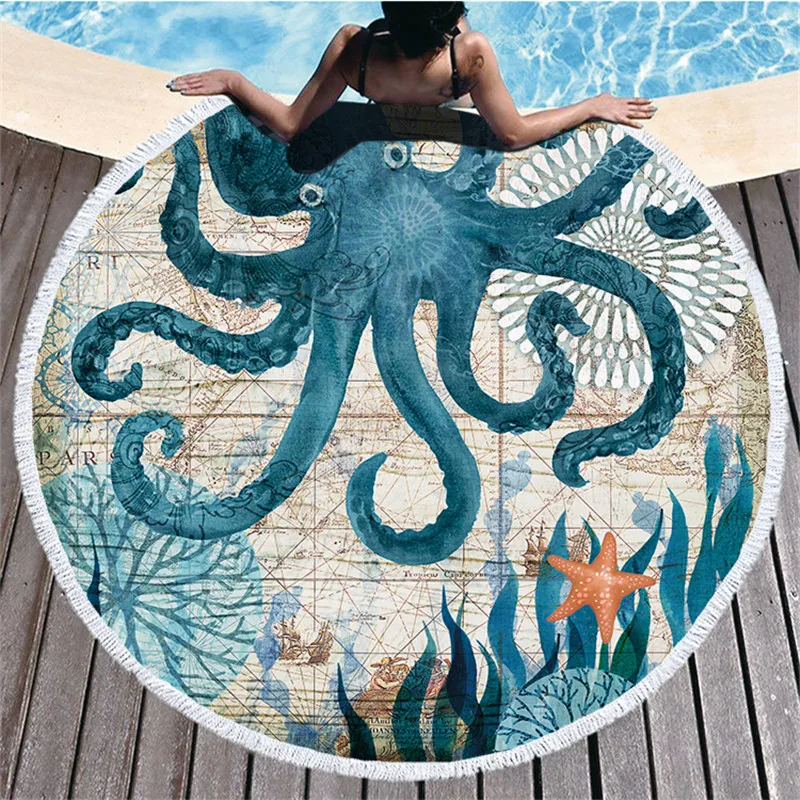 Ocean Turtle Tassel Round Bath Towel Beach Towel Microfibre Travel Compressed Shower Bathroom Towels Bath Towels for Adults - Цвет: 1