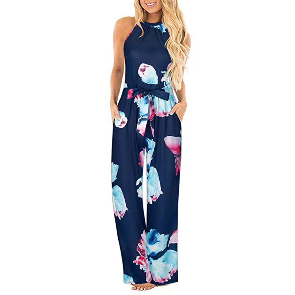 Rompers Womens Jumpsuit Plus Size Rompers Womens Jumpsuit Long Trousers Pants Women Halter Neck Loose Belted Pocket Jul