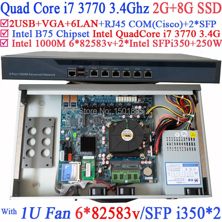 Офисный маршрутизатор 1U сетевой маршрутизатор для работы с четырехъядерным процессором Intel i7 3770 3,4 Ghz 2G ram 8G SSD