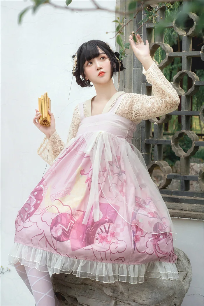 Китайский стиль Sakura Rabbit женское платье Лолита с высокой талией Роскошные милые девушки студентов сарафан Лолита платье Блузка с длинным