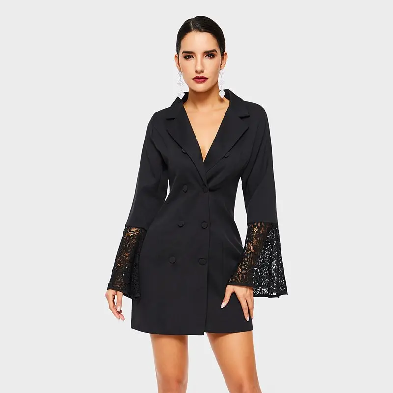 Sexy Blazer Women Black Plus Size Lace Long Flare Sleeve Business Coat Autumn New Elegant Overcoat Female Vintage Office Outwear