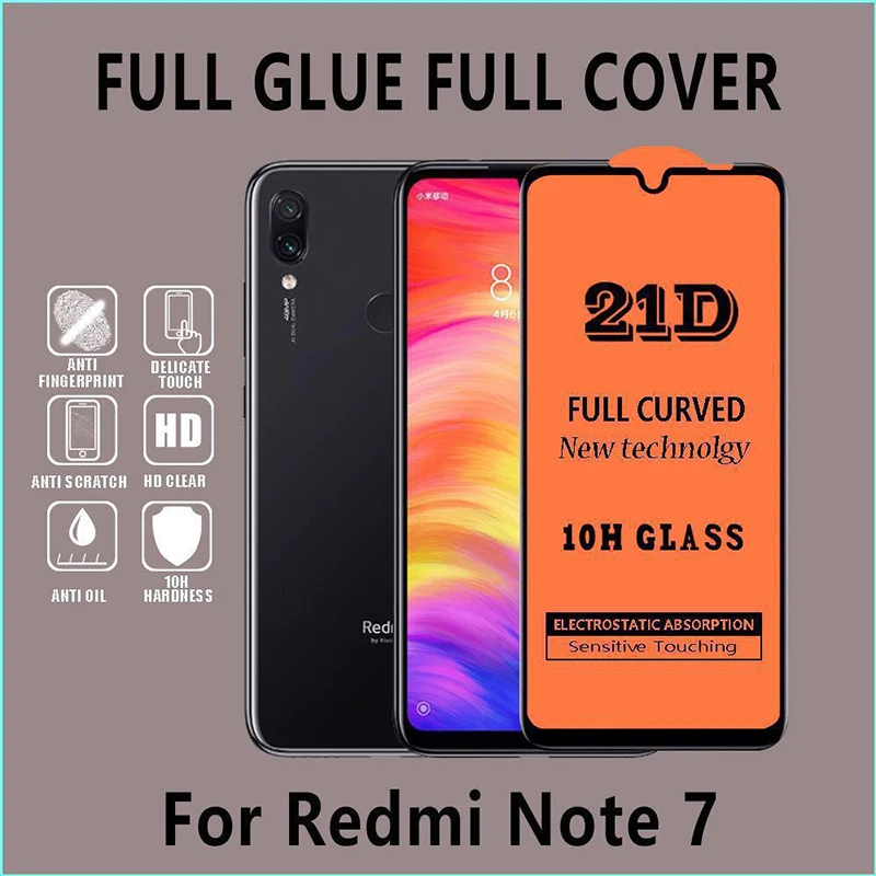 

50pcs 21D Tempered Glass Full Cover Anti-Scratch For Xiaomi Redmi Note 7 6 K20 Pro GO Tougen Protective Film Screen Protector
