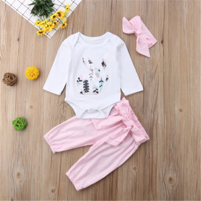 

Fashion New Brand Newborn Kid Baby Girl 3pcs Cute Bunny Clothes Jumpsuit Bodysuit Pants Outfits Set Long Sleeve Cotton Clothing