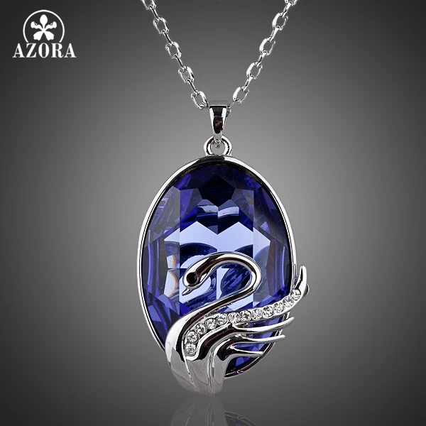 

AZORA Swans Fly Blue Sky White Gold Color Stellux Austrian Crystal Ellipse Pendant Necklace TN0042