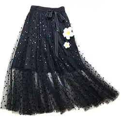 Модная сетчатая юбка в горошек для женщин с высокой талией Осень 2018 г. Универсальные Бальные юбки