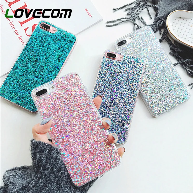 

LOVECOM Glitter Powder Phone Case For iPhone 11 Pro Max XS XR XS Max X 5 5S 6 6S 7 8 Plus Bling Crystal Soft TPU Phone Back Cover Coque