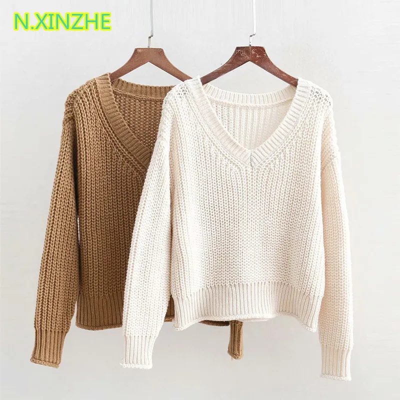 

2019 women clothing long sleeve V-Neck solid relaxed sweater short Tops Female casual loose pullovers knitted jumpers W3043