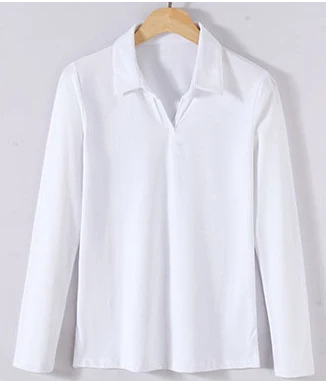 Женские рубашки-поло с длинным рукавом, повседневные женские рубашки, одноцветные футболки, хлопковые поло, женские рубашки с отложным воротником, женские рубашки#1813-1 - Цвет: White