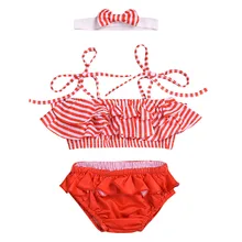 Для маленьких девочек летние полосатые оранжевый набор купальников бикини купальный костюм Пляжная одежда детей