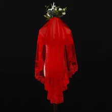 Два Слои короткие красные свадебные вуаль без гребня Кружева Аппликации невесты Свадебные аксессуары, фата Красный 1,5 метров Sluier