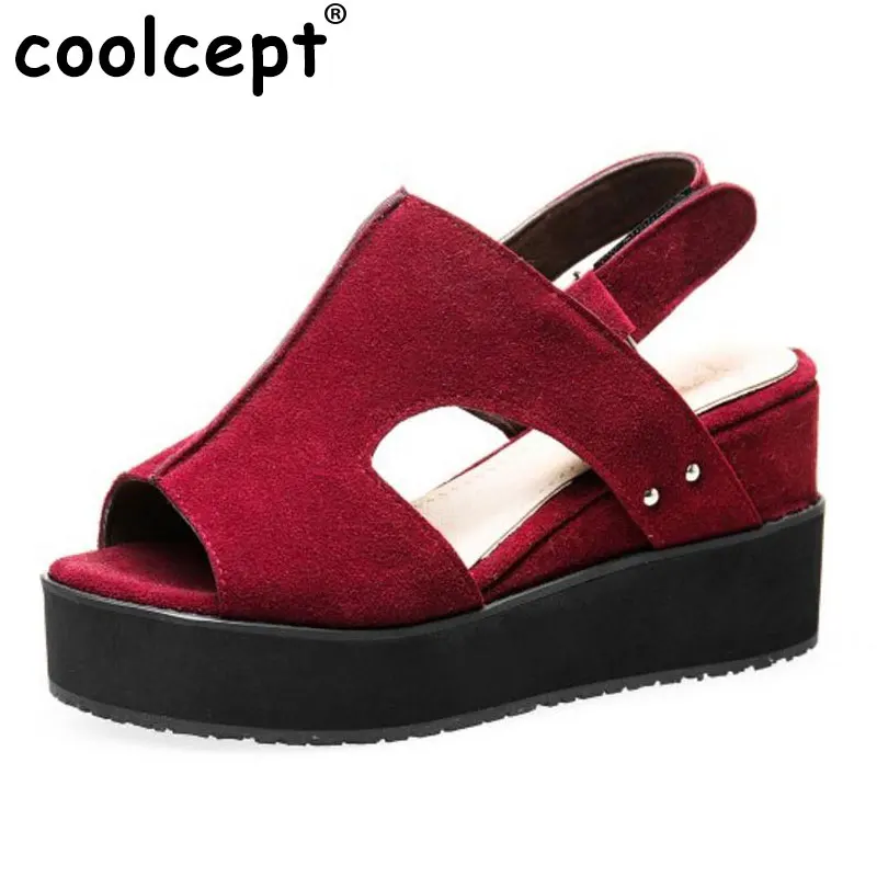 

Coolcept Size 33-43 Peep Toe Women Wedges Flock Sandals Back Buckle Platform Summer Cool Shoes Women Causal Street Work Footwear