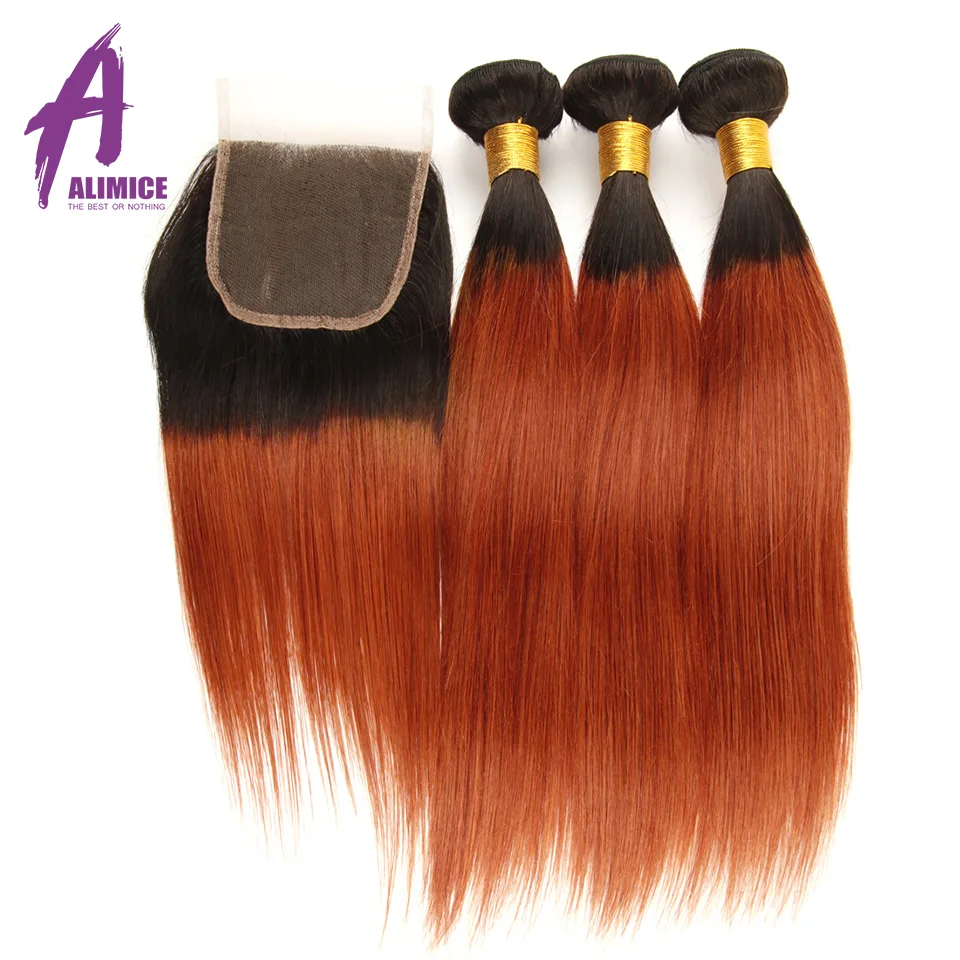 

Alimice Ombre Human Hair Bundles With Closure 3 Bundles With Closure Dark Roots T1B/350 Colored Blonde Brazilian Straight Hair L
