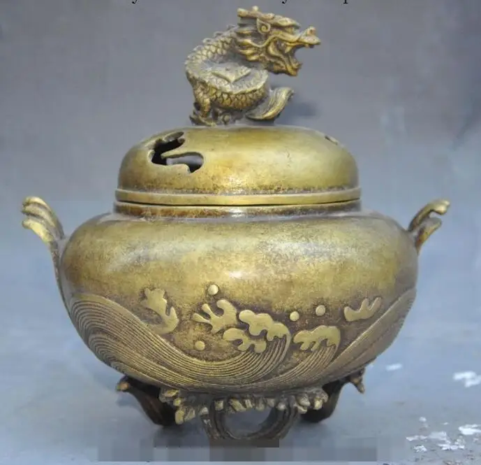 

S01706 7"Chinese buddhism tempel Bronze dragon beast statue Joss incense burner Censer B0403