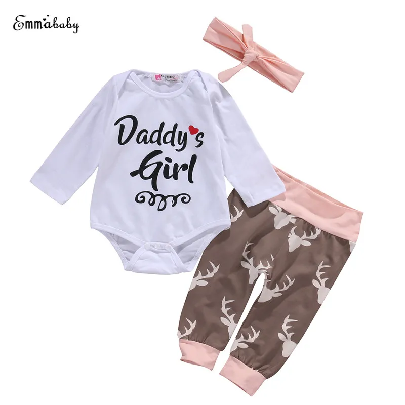 

Newborn Baby Girl Casual Long Sleeve O-Neck Pullover Letter Shirt Tops Pants Headband 3PCS Sunsuit Kids Clothing Sets 0-18M
