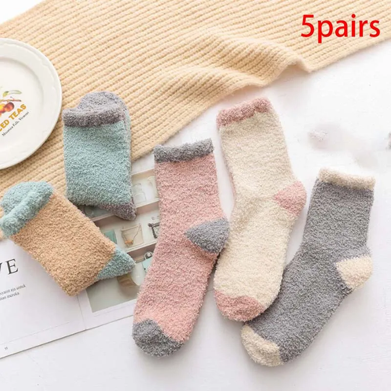 1pair/5pairs Women Coral Velvet Warm Socks Cozy Cashmere Thick Socks Patchwork Fashion Floor Socks Color Random Hot Sale