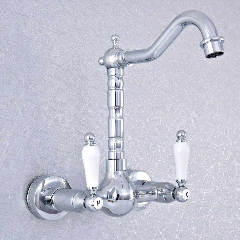 

Polished Chrome Dual Handles Bathroom Kitchen Sink Faucets Wall Mounted Swivel Spout Two Holes Kitchen Mixer Taps zsf548