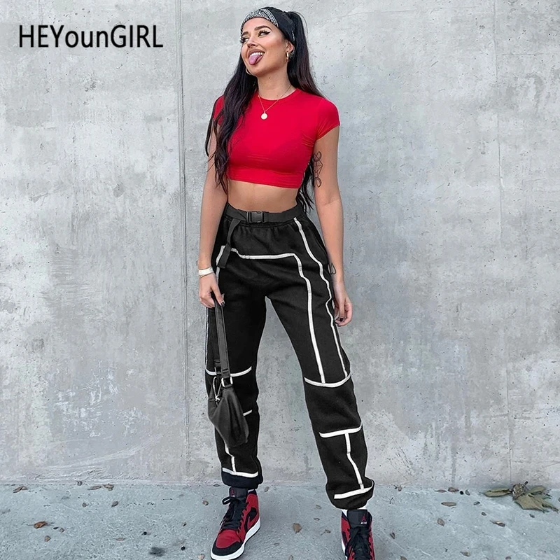 

HEYounGIRL Elastic High Waist Trousers Women Reflective Stripes Casual Pants Capri Black Harajuku Joggers and Sweatpants Summer