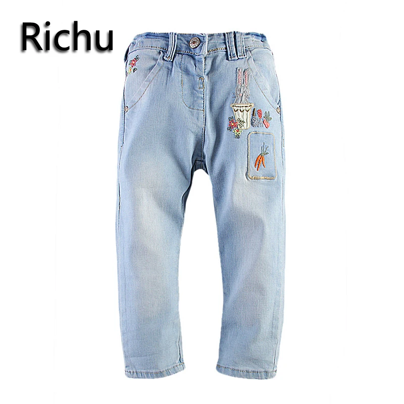 Richu winter warm girls skinny jeans all match pants children clothes spring 2 3 4 5 6 7yrs trausers baby ripped girl cat star