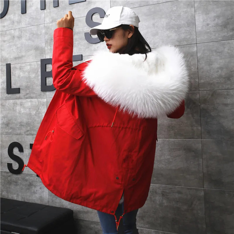 Новая парка зимняя куртка женская парка енот природный натуральный мех воротник пальто с капюшоном Теплый мех кролика парка на меху для женщин - Цвет: red white