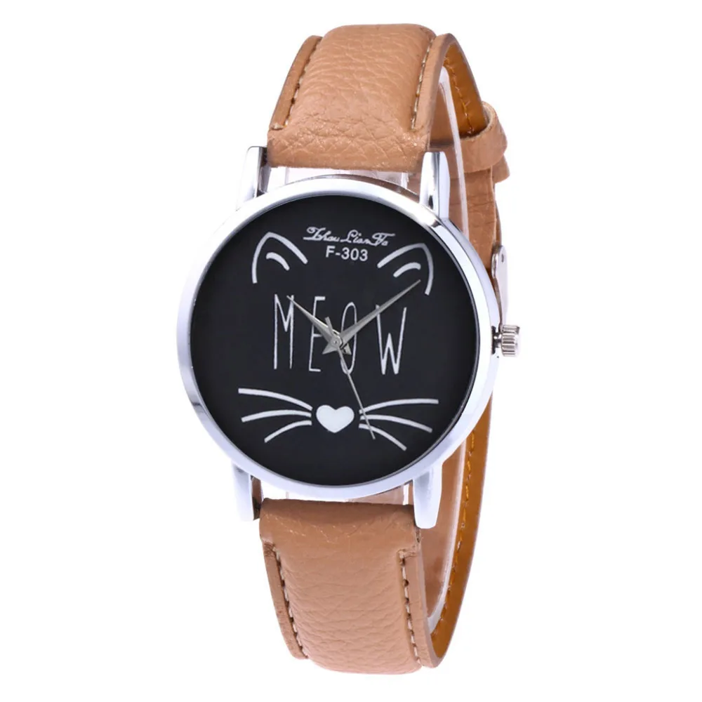 Женские модные повседневные женские часы из искусственной кожи с ремешком, аналоговые кварцевые круглые часы с рисунком кота, часы с принтом, Relogio# A