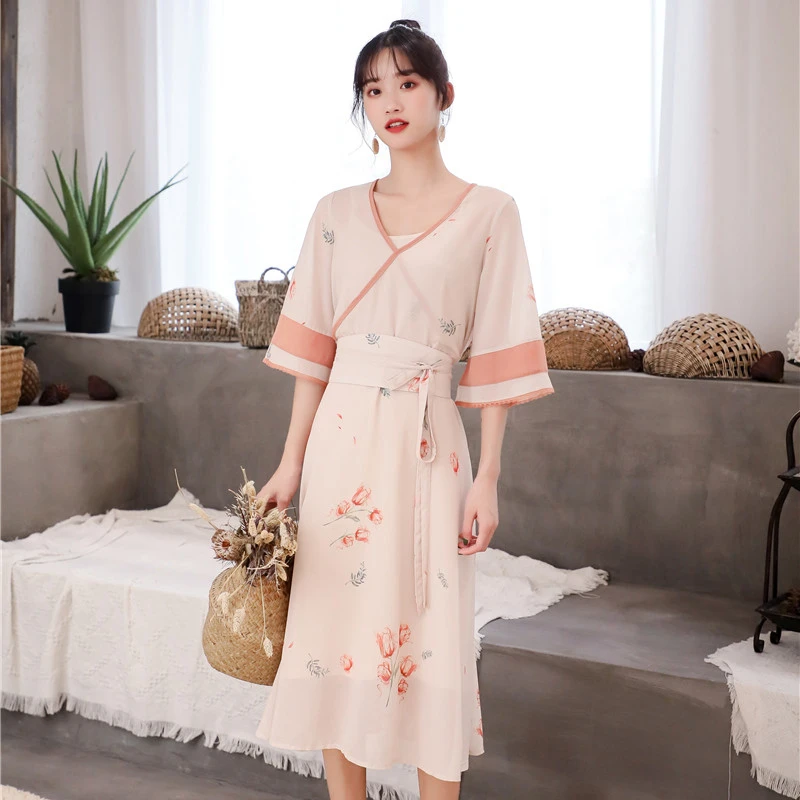 

2019 new fashion women's dresses Vintage print three-piece suit chiffon dress summer
