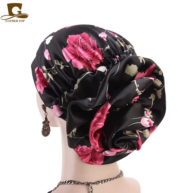 Роскошный шелковистый тюрбан с цветком женский атласный рак шапочка при химиотерапии шапки мусульманские турбанты вечерние хиджаб головные уборы аксессуары для волос