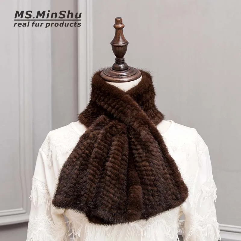 Cachecol de Pele de Vison Envoltórios do Lenço Xale de Pele de Vison de Luxo Mão de Malha Minshu Moda Pele Real Tecido Mulheres Neck Warmer Inverno Cachecol Ms.